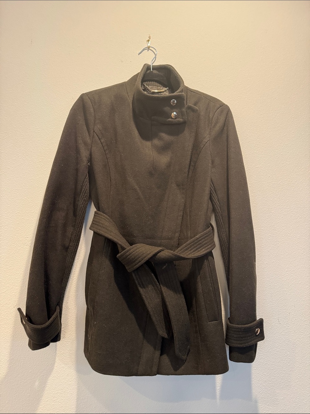 Express Dark Green Belted Trench Coat with Stand Collar